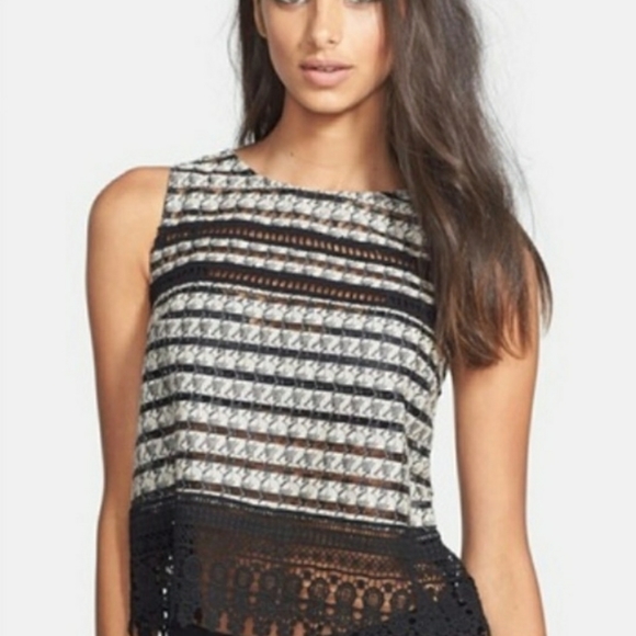Astr Tops - Astr Lacy Openwork Sleeveless Top Black & Tan Size XS